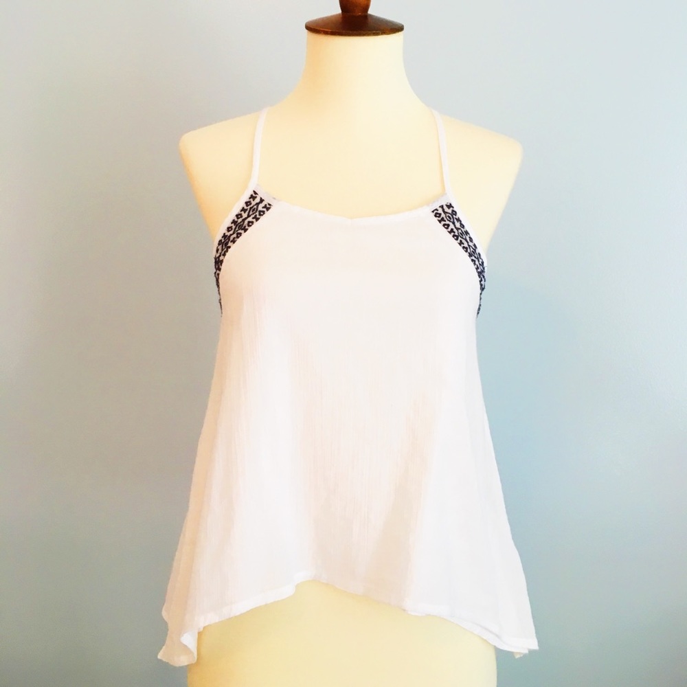 White top with Navy prints on sides